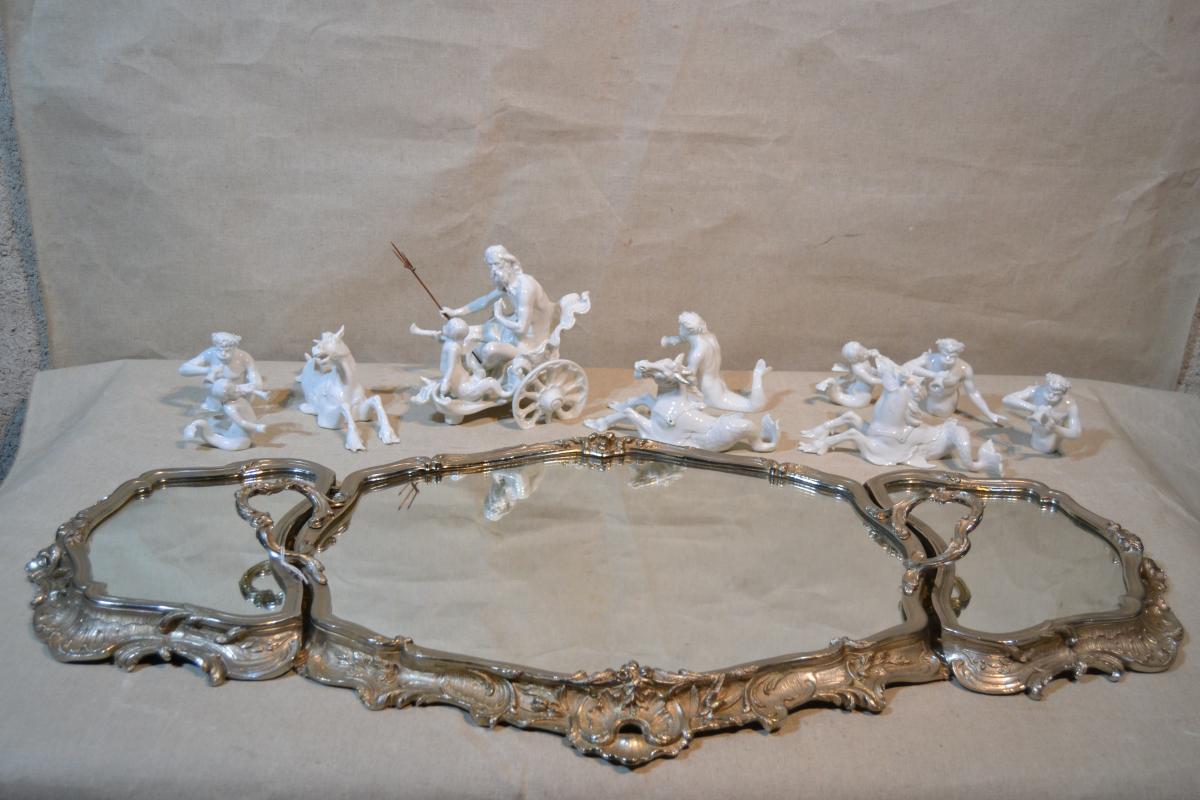 Center Table In Silver Bronze And Its Enamelled Biscuit Elements, Twentieth-photo-4