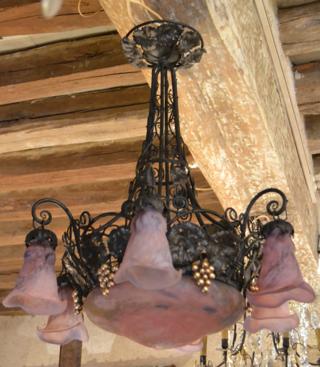 Muller Frères Lunéville, Lustre En Fer Forgé à 6 Tulipes, XXe-photo-2