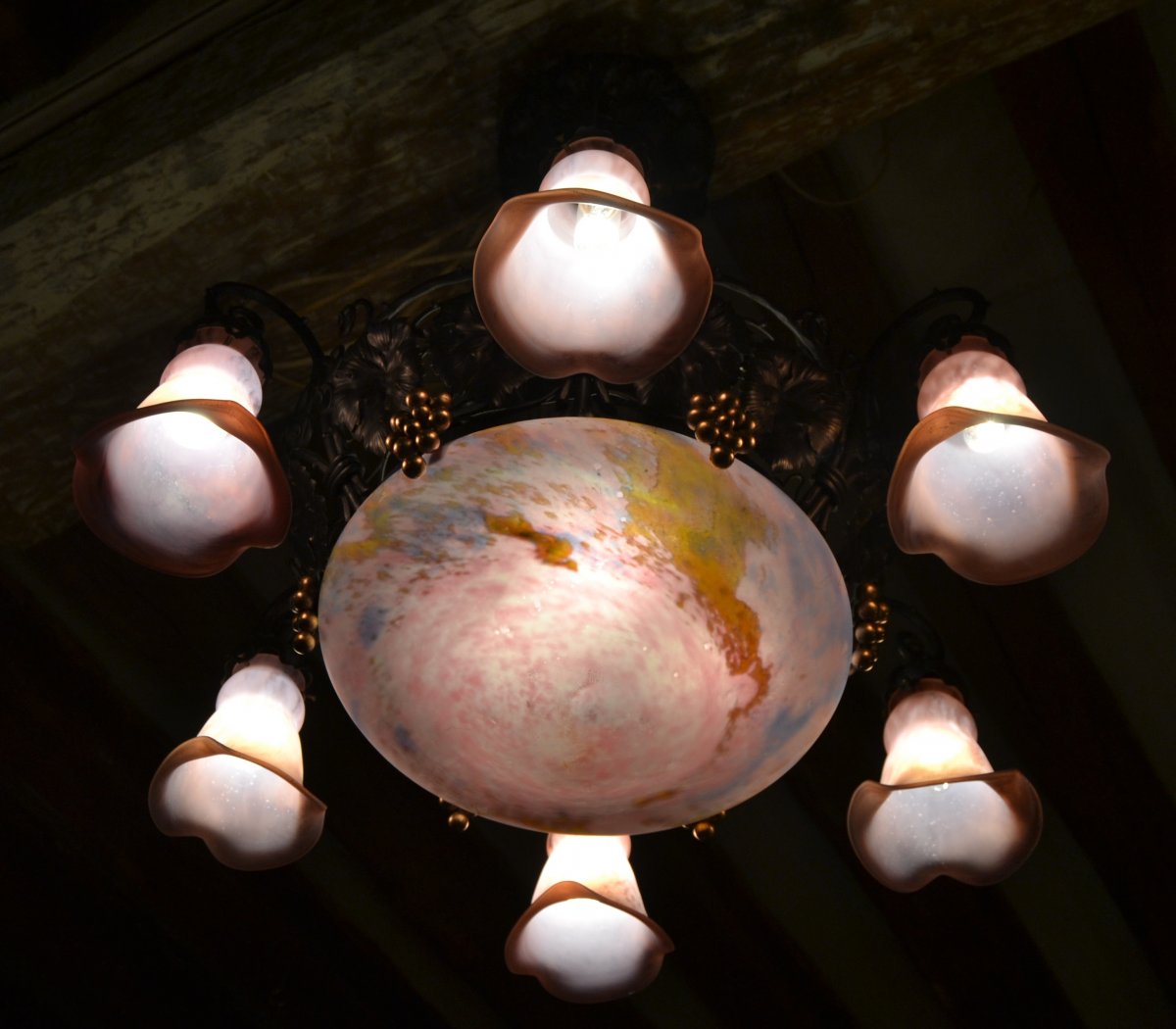 Muller Frères Lunéville, Lustre En Fer Forgé à 6 Tulipes, XXe-photo-4