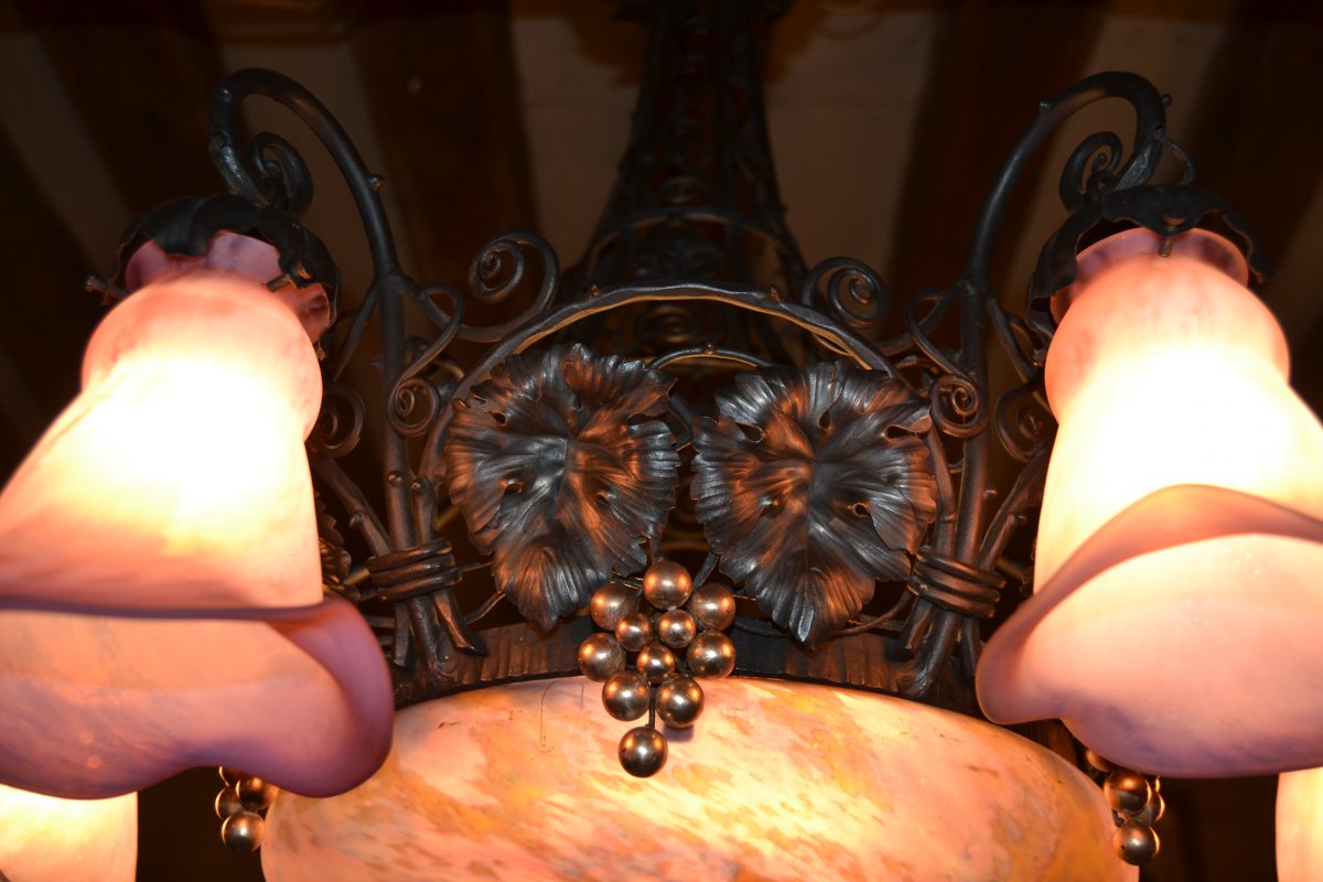 Muller Frères Lunéville, Lustre En Fer Forgé à 6 Tulipes, XXe-photo-1