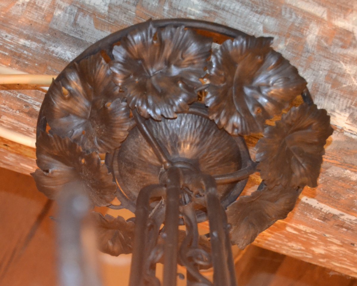 Muller Frères Lunéville, Lustre En Fer Forgé à 6 Tulipes, XXe-photo-6