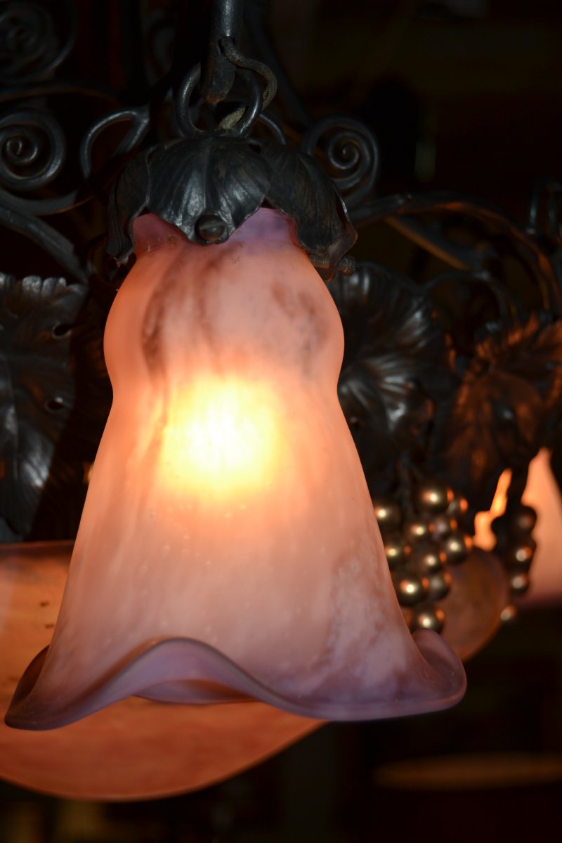 Muller Frères Lunéville, Lustre En Fer Forgé à 6 Tulipes, XXe-photo-7