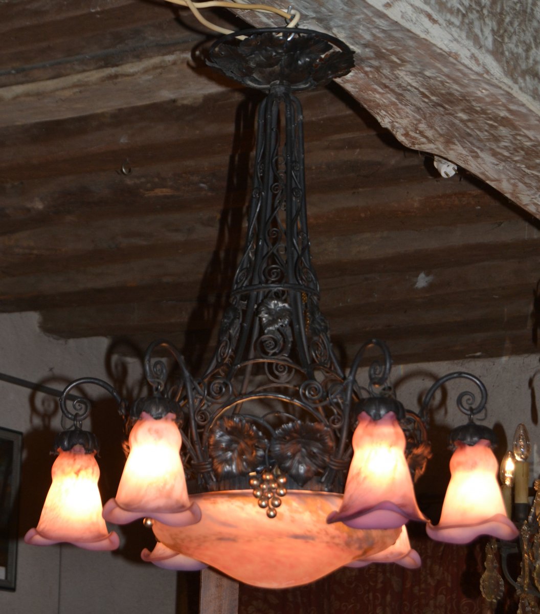 Muller Frères Lunéville, Lustre En Fer Forgé à 6 Tulipes, XXe