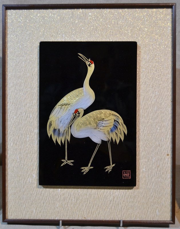 Series Of 4 Panels Lacquered Black, Gold And Silver, Signed, Japan 1960-photo-2