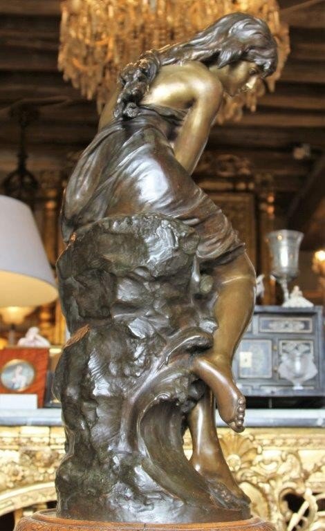 Mathurin Moreau (1822-1912) Sculpture bronze " Jeune femme au rocher ", XIXe-photo-4