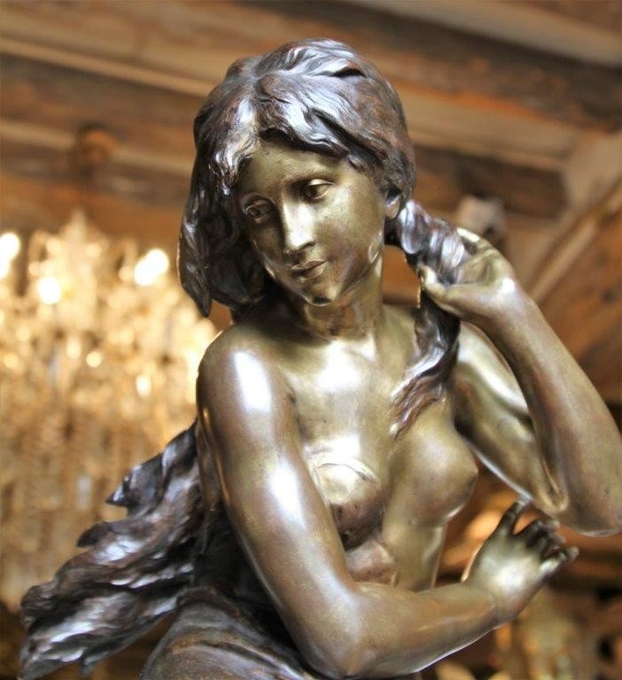 Mathurin Moreau (1822-1912) Sculpture bronze " Jeune femme au rocher ", XIXe-photo-4