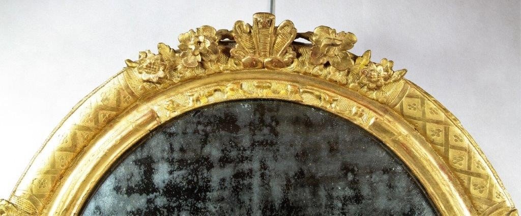 Miroir Ovale d'époque Louis XIV, En Bois Doré, XVIIe-photo-2