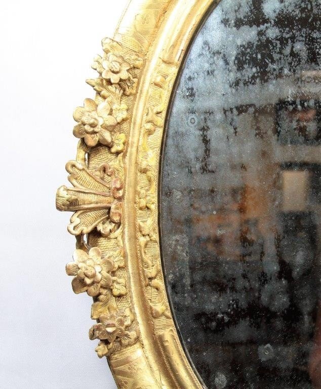 Miroir Ovale d'époque Louis XIV, En Bois Doré, XVIIe-photo-3