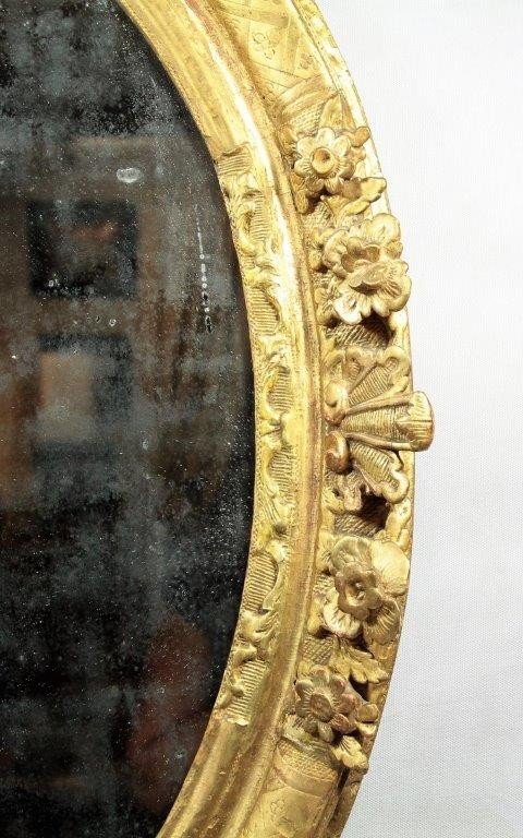 Miroir Ovale d'époque Louis XIV, En Bois Doré, XVIIe-photo-4