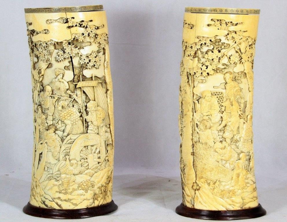 Important Pair Of Carved Ivory Brush Pots, Japan Meiji Period, Nineteenth-photo-4