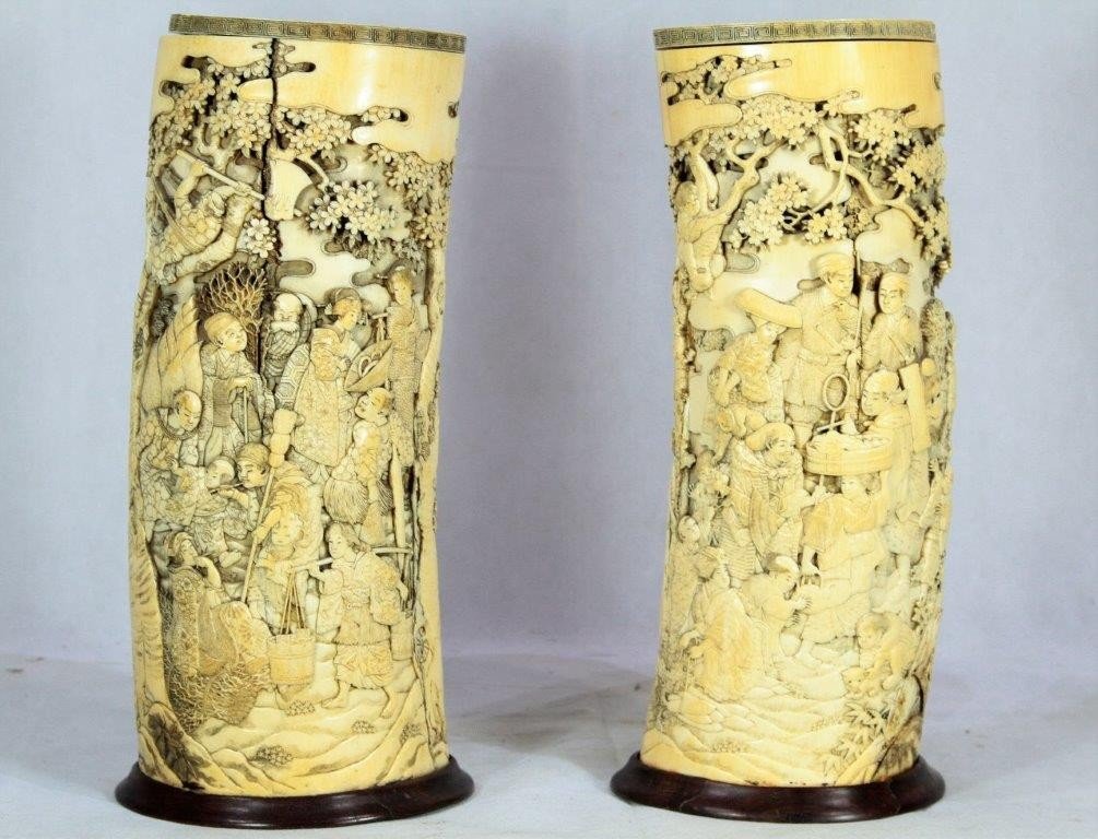 Important Pair Of Carved Ivory Brush Pots, Japan Meiji Period, Nineteenth