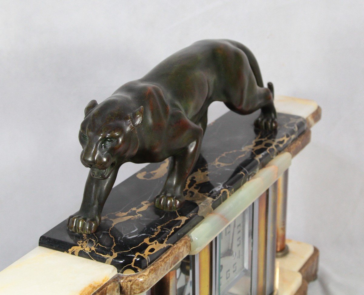 A. Soleau (XIX-XX), Importante pendule Art déco" Panthère bronze", signé, 1930-photo-4