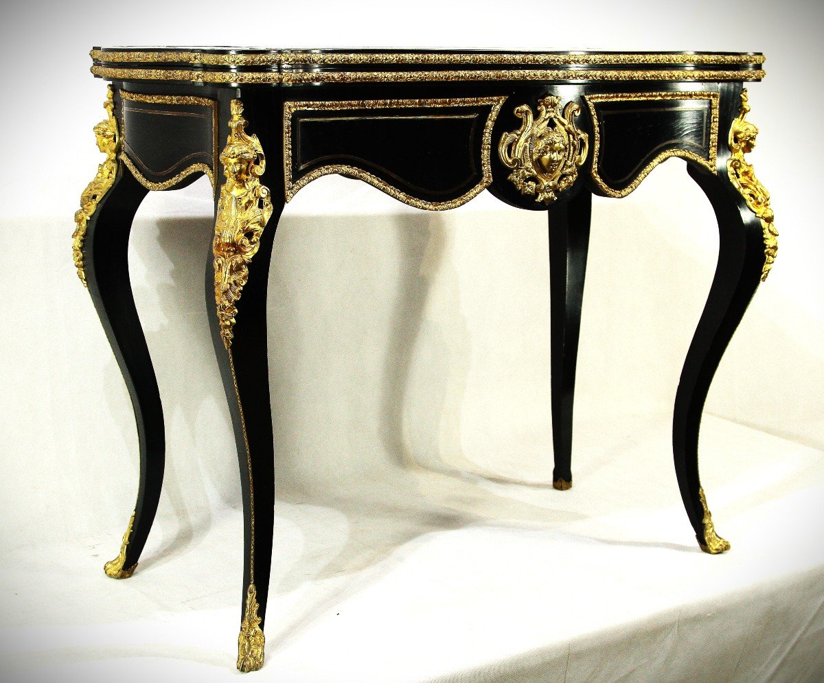 Game Table In Blackened Wood And Bronze, Nap III Period, Nineteenth-photo-3