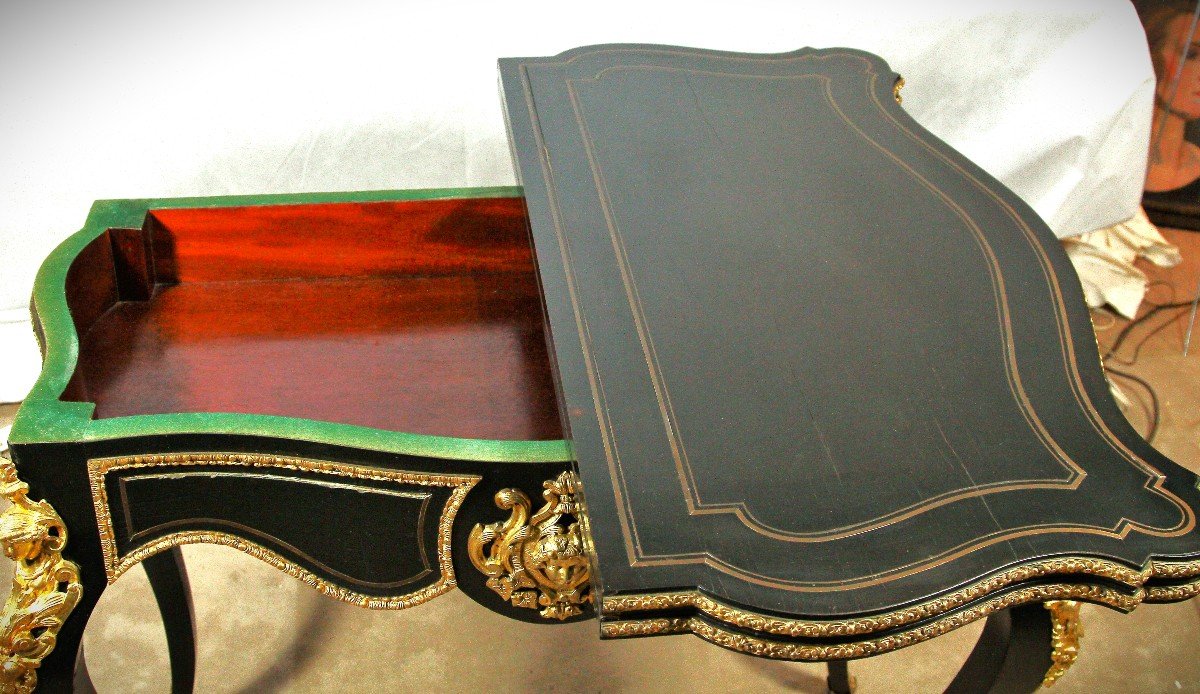 Game Table In Blackened Wood And Bronze, Nap III Period, Nineteenth-photo-5