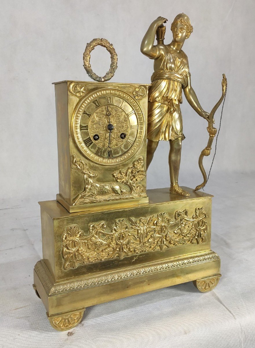 Pendule bronze doré " Diane chasseresse ", époque empire , XIXe-photo-3