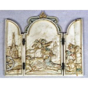 Triptych In Carved And Polychromed Ivory "battle Scene, Henri Iv", Nineteenth