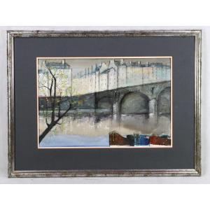 Jean Roll (1921-2015) Oil Painting On Paper "le Pont Marie", Twentieth