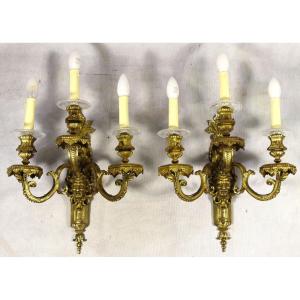 Pair Of Gilt Bronze Sconces, Louis XIV Style, 19th Century