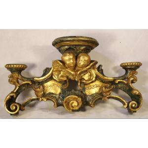 Wall Console In Gilded And Polychrome Wood, Italy 18th Century