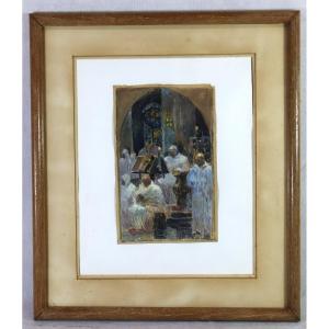 Marcel Huard ( XIXe/xxe), Aquarelle Gouaché " La Messe De Minuit ", 1918