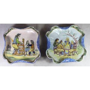 Porquier Beau, Pair Of Water Lily Cups "village Scene" 19th