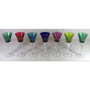 Saint Louis, 7 Colored Crystal Glasses, 20th Century