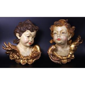 Pair Of Cherub Heads In Polychrome And Gilded Wood, 19th Century