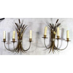 Maison Charles, Pair Of Reed Sconces, Signed, 20th