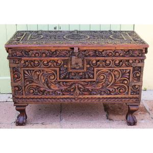 Spain 17th Century, Carved Wooden Chest.