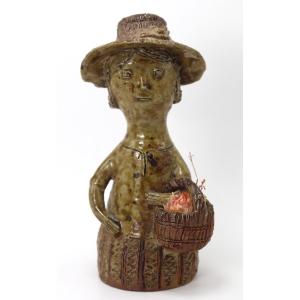 Jean Lerat (1913-1992), Sandstone Sculpture "woman With Basket" Circa 1960