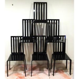 Acrila France, Suite De Six Chaises En Plexiglass Noir, XXe
