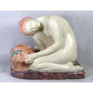 Marcel André Bouraine (1886-1948) , Sculpture  En Faïence Art Déco, Vers 1920