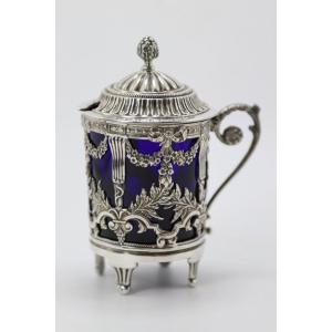 Léon Lapar (1878 To 1897) Mustard Pot In 1st Grade Silver And Blue Crystal, 19th Century