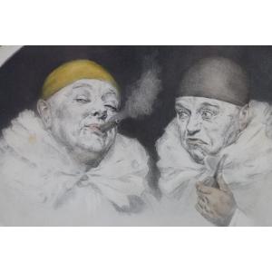 Armand HENRION (1875-1958), Lithograhie " Les clowns fumeurs ", XXe