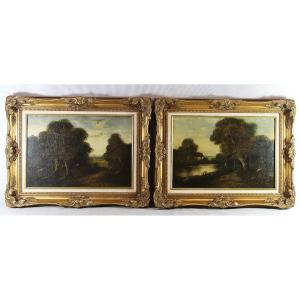 Lucien Félix HENRY, (1850 - 1896), Paire d'HST école de barbizon "Paysages", signés, XIXe