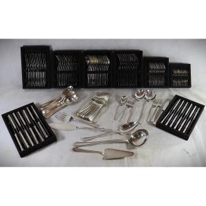 Luc Lanel For Christofle, Art Deco Silver-plated Flatware Set, 132 Pieces, 1930