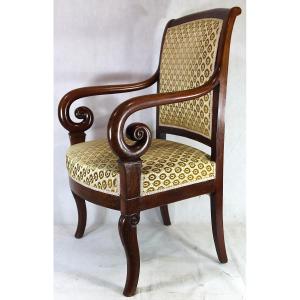 Mahogany Armchair With Scrolled Arms, Restoration Period, 19th Century