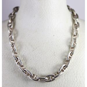HERMES paris, Collier en argent chaines d'ancre, signé, XXe
