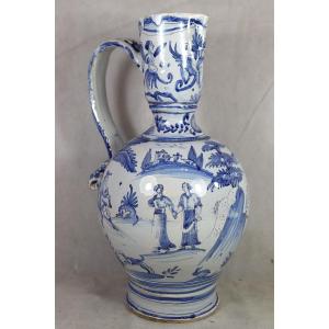 Nevers 18th Century, Large Earthenware Pitcher With Hunting Design.