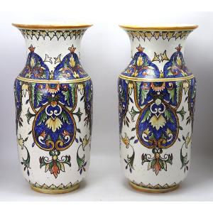 NEVERS. CHALANDRE et ZEITFOGEL, Paire de vases en faïence, XIXe