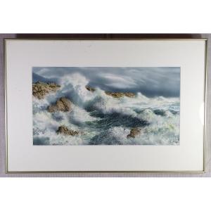 Hervé Richard (1952), Watercolor "storm On The Wild Coast At Quiberon," 20th Century