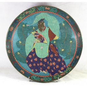 Japan - Meiji Period (1868–1912), Large "vieillard" Cloisonné Enamel Dish, Signed.