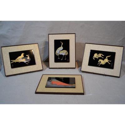 Series Of 4 Panels Lacquered Black, Gold And Silver, Signed, Japan 1960