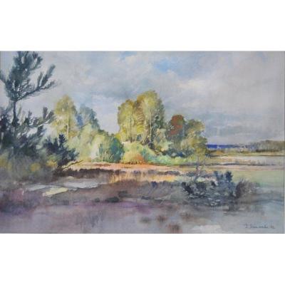 Pierre Dimanche (1919-1986), Aquarelle " la Loire à Meung sur Loire"