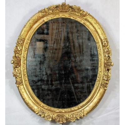 Miroir Ovale d'époque Louis XIV, En Bois Doré, XVIIe