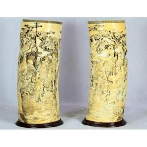 Important Pair Of Carved Ivory Brush Pots, Japan Meiji Period, Nineteenth