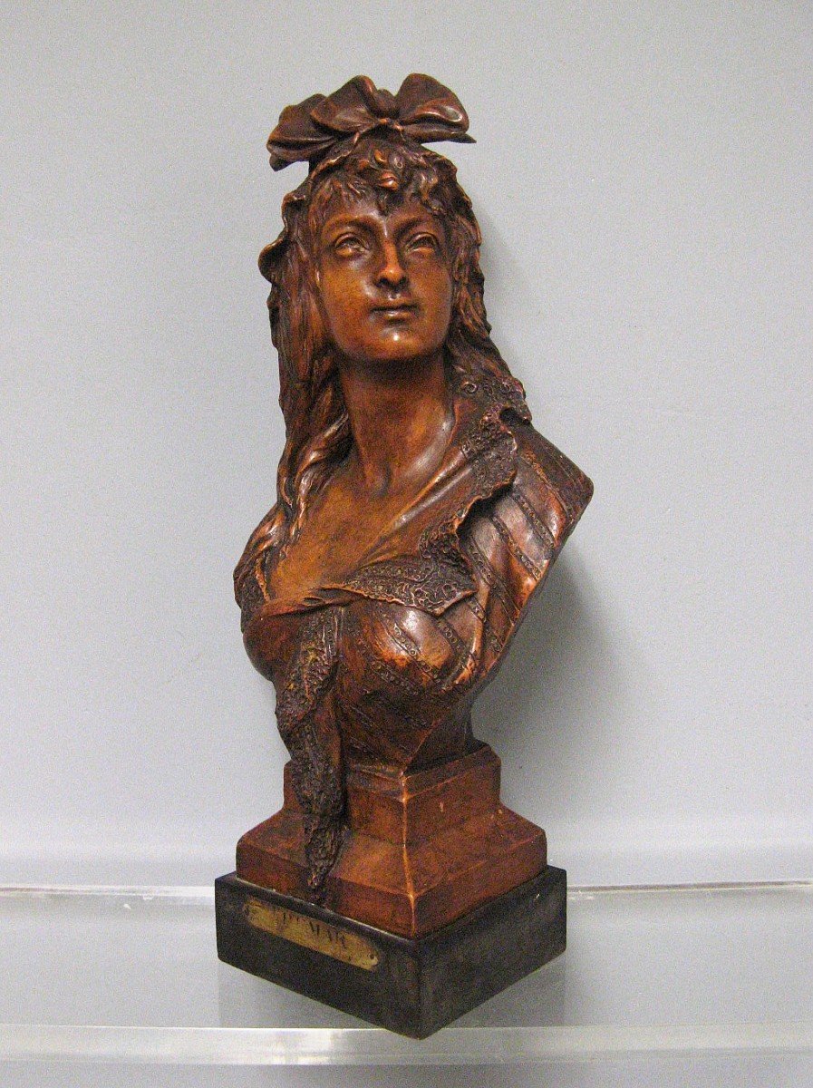 Buste Art Nouveau De Jeune Femme En Terre Cuite Vers 1900.-photo-2