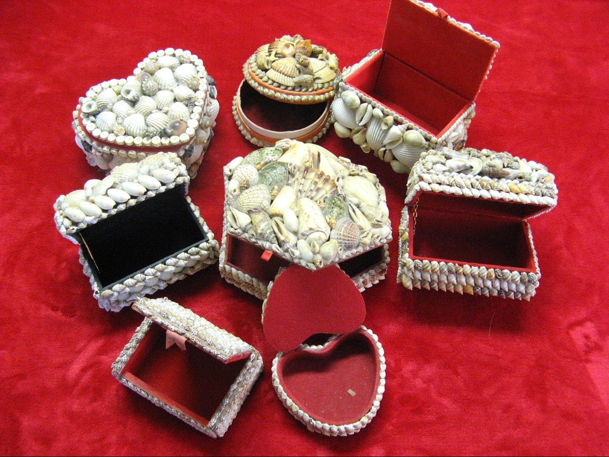 Set Of 8 Jewelry Boxes - Seaside Souvenir In Shells.-photo-1