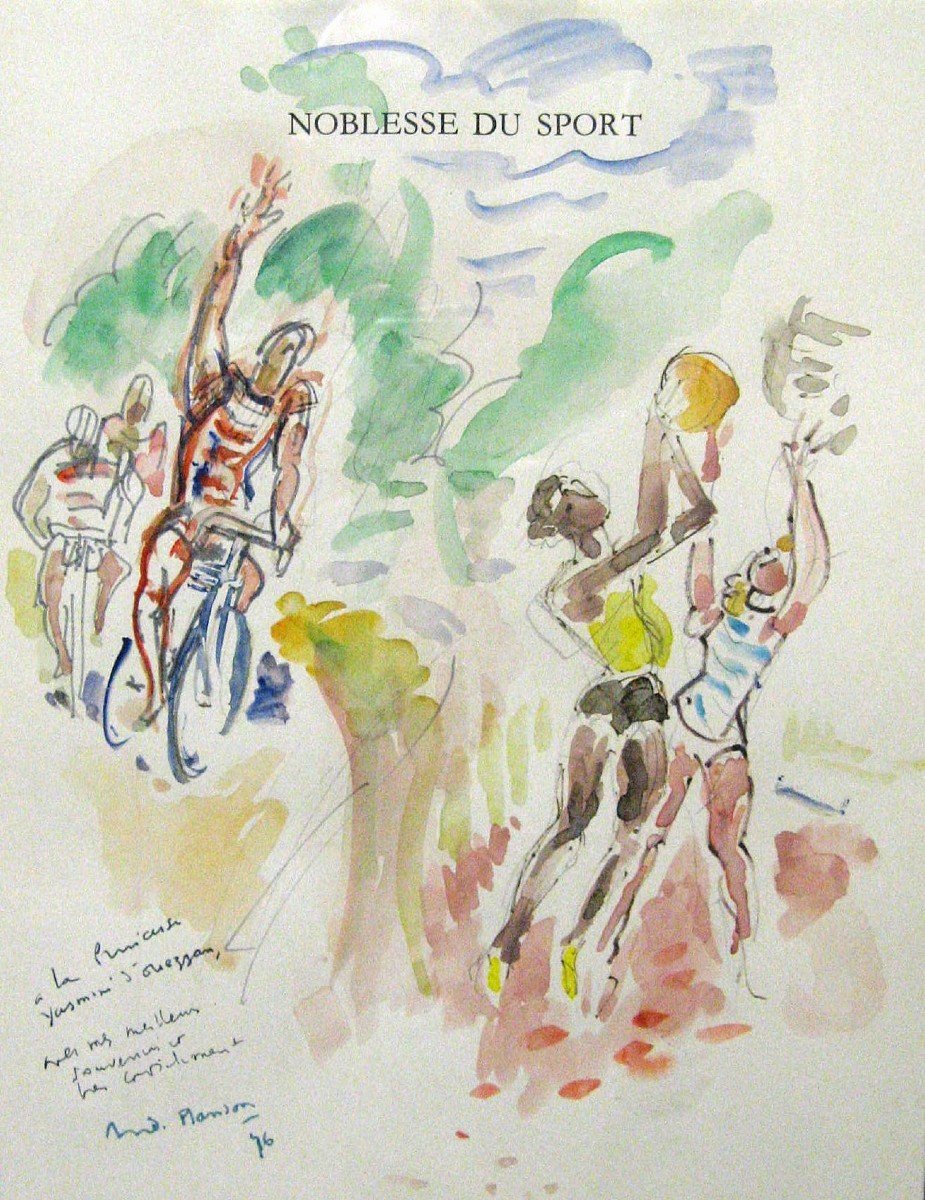 André Planson Noblesse Du Sport. Aquarelle Dédicacé à La Princesse Yasmine d'Ouezzan.