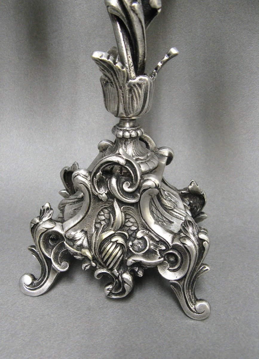 Paire De Candélabres Bronze Argenté Rocaille. Style Louis XV.-photo-3